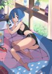  1girl absurdres arm_support ass azuumori backpack bag bangs barefoot bed black_shorts black_sports_bra blue_hair blue_panties bottle bowl breasts cellphone closed_mouth comforter commentary computer day english_commentary eraser fish_tail foliage from_side gym_shorts hair_between_eyes hand_on_own_face highres holding holding_phone indoors laptop large_breasts light_smile looking_at_viewer medium_hair multicolored_hair original panties panty_peek pen pencil_case phone plant polka_dot potted_plant red_bag red_eyes shark_girl shark_girl_(azuumori) shark_tail shorts sideboob smartphone solo spoon sports_bra striped striped_panties stuffed_animal stuffed_toy tail thick_eyebrows two-tone_hair underwear water_bottle window 