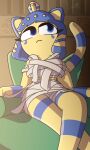  absurd_res animal_crossing ankha_(animal_crossing) anthro baggy_clothing bandage bandaged_chest blue_body blue_eyes blue_hair bodypaint breasts chair clothing crossed_legs domestic_cat face_paint felid feline felis female frown furniture gem guak hair hair_beads hi_res humanoid jewelry long_tail looking_aside mammal nintendo one_knee_forward reptile scalie short_hair sitting snake solo temple thick_thighs video_games wrapped wrappings yellow_body 
