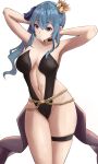  absurdres black_swimsuit blue_eyes blue_hair blue_ribbon breasts chain cleavage collar crown eyebrows_visible_through_hair hair_ribbon highres hololive hoshimachi_suisei long_hair navel ribbon self_upload side_ponytail swimsuit thigh_strap thighs vicarious white_background 