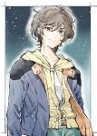  1boy absurdres banagher_links blue_jacket brown_eyes brown_hair collarbone eyebrows_visible_through_hair grey_pants gundam gundam_unicorn highres hood hoodie jacket kudou_makoto male_focus pants shirt smile solo white_shirt yellow_hoodie yellow_shirt 