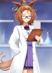  ... 1girl agnes_tachyon_(umamusume) ahoge animal_ears bangs_pinned_back bespectacled brown_hair clipboard closed_mouth earrings erlenmeyer_flask flask frown glasses hairband half-closed_eyes hand_in_pocket highres holding holding_clipboard horse_ears horse_girl horse_tail indoors jewelry labcoat lips long_sleeves looking_at_viewer medium_hair motsushi paper pleated_skirt purple_shirt purple_skirt red_eyes school_uniform shirt single_earring skirt solo tail tracen_school_uniform umamusume upper_body 