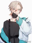  1boy artist_name bandaged_arm bandaged_neck bandages bandaid bandaid_on_cheek bandaid_on_face bandaid_on_forehead bangs black_gloves black_shirt blood blood_on_arm blood_on_clothes blood_on_face blood_on_hands blue_eyes blurry clenched_teeth depth_of_field earrings eyelashes fingerless_gloves gloves grey_hair hair_between_eyes hand_up harness highres injury jacket jewelry long_sleeves looking_at_viewer male_focus multiple_earrings off_shoulder open_clothes open_jacket original otochi_(otc_so) shirt signature simple_background slit_pupils solo stud_earrings teeth uneven_eyes upper_body white_background white_jacket wiping_blood wiping_face 