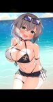  absurdres bikini bikini_skirt breasts eyewear_on_head green_eyes grey_hair highres hololive kuno_(kc9s) large_breasts ocean shirogane_noel short_hair smile sunglasses swimsuit 