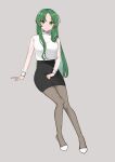  1girl absurdres black_skirt closed_mouth earrings full_body green_eyes green_hair grey_background grey_legwear hair_down high-waist_skirt high_heels highres higurashi_no_naku_koro_ni invisible_chair jewelry long_hair long_sleeves looking_at_viewer miniskirt mukiebi_art nail_polish pantyhose pencil_skirt pumps red_nails see-through see-through_sleeves shiny shiny_hair shirt simple_background sitting skirt smile solo sonozaki_shion straight_hair twitter_username very_long_hair white_footwear white_shirt 