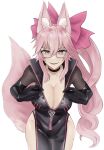  13addendum 1girl animal_ear_fluff animal_ears black_bodysuit bodysuit bow breasts center_opening choker cleavage collarbone eyewear_strap fangs fate/grand_order fate_(series) fox_ears fox_girl fox_tail glasses grey-framed_eyewear hair_ribbon highres hip_vent koyanskaya_(assassin)_(first_ascension)_(fate) koyanskaya_(fate) large_breasts long_hair open_bodysuit pink_bow pink_hair pink_ribbon ribbon side_ponytail solo tail tamamo_(fate) very_long_hair 