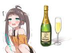  1girl ahoge alcohol bangs blunt_bangs brown_hair champagne champagne_bottle commentary_request green_eyes have_to_pee highres hololive natsuiro_matsuri off-shoulder_shirt off_shoulder sabaku_chitai shirt solo squatting sweat twintails virtual_youtuber 