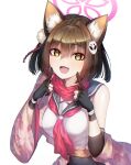  1girl :d absurdres animal_ear_fluff animal_ears black_gloves blue_archive blue_sailor_collar brown_hair eyebrows_visible_through_hair fang fingerless_gloves fox_ears fox_girl fox_hair_ornament gloves hair_between_eyes hair_ornament halo highres izuna_(blue_archive) kagi_f looking_at_viewer neckerchief red_neckerchief red_scarf sailor_collar scarf school_uniform serafuku short_hair simple_background skin_fang smile solo white_background 