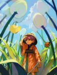  1girl :&lt; bowl bowl_hat bug butterfly chinese_commentary closed_mouth cloud commentary day dew_drop feet_out_of_frame flower grass hand_up hat highres holding holding_needle japanese_clothes kimono ladybug lens_flare long_sleeves looking_afar miko_(15476997) minigirl needle outdoors purple_eyes purple_hair red_kimono short_hair sky solo sukuna_shinmyoumaru touhou water_drop white_flower wide_sleeves yellow_butterfly 
