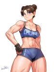  1girl alternate_costume alternate_eye_color arm_at_side bike_shorts black_gloves blue_eyes blue_shorts blue_sports_bra breasts brown_hair cameltoe character_name chun-li cleavage clothes_writing cowboy_shot double_bun english_commentary fingerless_gloves gloves hair_bun hand_on_hip highres kums_studio linea_alba midriff mixed_martial_arts muscular muscular_female navel short_hair shorts solo sports_bra standing street_fighter sweat thick_thighs thighs white_background 