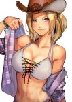  1girl bangs bare_shoulders blonde_hair blue_eyes bow bowtie bracelet breasts buttons cleavage closed_mouth collarbone commentary_request cowboy_hat earrings final_fight freckles halterneck hand_up hat hinoru_saikusa jewelry large_breasts lips long_hair looking_at_viewer lucia_morgan navel off_shoulder open_clothes parted_bangs shiny shiny_hair shirt simple_background smile solo stomach street_fighter street_fighter_v upper_body white_background 