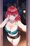  1girl black_bow bow breasts cleavage curvy earrings hair_bow highres jewelry kenron_toqueen large_breasts navel open_mouth original red_hair solo thick_thighs thighs tomatita 