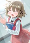  1girl blurry blurry_background brown_hair closed_eyes commentary_request facing_viewer hair_ornament hidamari_sketch highres holding holding_notebook long_sleeves notebook open_mouth pencil_case percy_pyl school_uniform shirt short_hair solo sunlight waving white_shirt x_hair_ornament yamabuki_high_school_uniform yuno_(hidamari_sketch) 