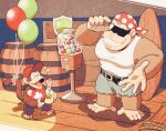  2boys balloon barrel belt closed_mouth crate diddy_kong donkey_kong_(series) funky_kong furry furry_male grin gumball_machine minashirazu multiple_boys no_humans red_shirt shield shirt shorts sleeveless sleeveless_shirt smile sunglasses tank_top 