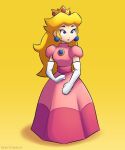  1990s_(style) 1girl artist_request blonde_hair blue_eyes brooch crown dress earrings expressionless full_body gloves jewelry lips long_hair mario_(series) pink_dress princess_peach retro_artstyle solo super_mario_64 