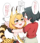  2girls :3 @_@ absurdres animal_ears bare_shoulders black_gloves black_hair black_legwear blonde_hair blue_eyes blush cat_ears cat_girl cat_tail chis_(js60216) commentary_request elbow_gloves face-to-face fang gloves grey_shorts high-waist_skirt highres kaban_(kemono_friends) kemono_friends multiple_girls no_hat no_headwear open_mouth pantyhose print_gloves print_skirt red_shirt serval_(kemono_friends) serval_print shirt short_hair short_sleeves shorts skirt sleeveless t-shirt tail translation_request white_shirt yellow_eyes yuri 