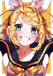  1girl :d bare_shoulders blonde_hair blue_eyes collarbone grin hair_ornament hairclip harii_(janib5kc) highres jacket kagamine_rin looking_at_viewer ribbon ribbon_hair sailor_collar shirt shoulder_tatto simple_background smile solo vocaloid 