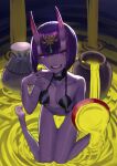  1girl bare_shoulders barefoot collarbone colored_skin covered_nipples cup eric_ueda eyeshadow fate_(series) gem gradient gradient_horns green_gemstone highres holding holding_cup horns liquid looking_at_viewer makeup multicolored_horns navel oni oni_horns open_mouth pot purple_eyes purple_hair purple_skin red_eyeshadow ripples sakazuki short_hair shuten_douji_(fate) sitting skin-covered_horns smile solo teeth upper_teeth wariza 