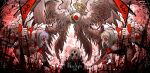  3others 666 angel_wings crown_of_thorns fetus formal glyph halo high_heels highres holding holding_scythe kan_(aaaaari35) kneeling lobotomy_corporation long_nose looking_down monster multiple_others necktie non-web_source plague_doctor_mask project_moon red_eyes scythe smile suit whitenight_(lobotomy_corporation) wings 