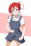  1girl :o bangs barkhorn0331 blue_eyes clenched_hands collared_shirt commentary cowboy_shot dress grey_dress hair_bun highres long_hair looking_at_viewer love_live! love_live!_superstar!! o-ring parted_lips partially_unbuttoned pinafore_dress red_background red_hair school_uniform shirt short_dress short_hair_with_long_locks short_sleeves single_side_bun solo summer_uniform two-tone_background white_shirt yoneme_mei yuigaoka_school_uniform 