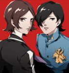  2boys black_hair brown_eyes brown_hair hair_over_one_eye highres kasugayama_high_school_uniform kurosu_jun looking_at_viewer looking_back monochrome multiple_boys necktie persona persona_2 pertex_777 red_background school_uniform seven_sisters_high_school_uniform short_hair suou_tatsuya 