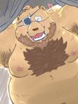  &lt;3 2022 anthro beard belly big_belly blush brown_body dain_4201 eye_patch eyes_closed eyewear facial_hair hi_res kemono male mammal mature_male moobs nipples overweight overweight_male solo ursid 