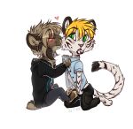  &lt;3 2016 anthro blonde_hair blush bottomwear chibi clothed clothing clothing_pull collar digital_media_(artwork) duo eyes_closed f-r95 falla_(f-r95) fangs felid female fur hair hi_res hoodie kissing kissing_cheek love machairodontine male male/female mammal open_clothing open_shirt open_topwear pantherine romantic romantic_couple shirt shirt_pull simple_background smile smilek_(character) teeth tiger topwear topwear_pull white_body 