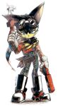  2019 5_fingers anthro bandai_namco black_body black_fur black_nose blue_eyes boots canid canine canis clothed clothing eyewear eyewear_on_head fingers footwear fur garamando gloves goggles goggles_on_head gun guntz handwear hi_res holding_gun holding_object holding_weapon klonoa_(series) looking_at_viewer male mammal multicolored_body multicolored_fur ranged_weapon simple_background solo two_tone_body two_tone_fur video_games weapon white_background wolf yellow_body yellow_fur 