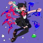  1girl :d \o/ akio_(akio024) arms_up asymmetrical_wings black_dress black_hair black_legwear blush bow dress full_body happy houjuu_nue looking_at_viewer open_mouth outstretched_arms red_eyes smile snake solo star_(symbol) starry_background thighhighs touhou ufo wings wristband zettai_ryouiki 