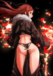  1girl ass black_background brown_hair closed_mouth eric_ueda fate/grand_order fate_(series) fire flame fur_trim highres long_hair looking_back red_eyes simple_background skindentation sleeves_past_wrists solo yu_mei-ren_(fate) 