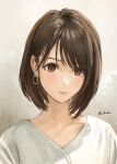  1girl bangs black_hair brown_eyes collarbone commentary_request earrings eyebrows_visible_through_hair highres jewelry looking_at_viewer original parted_lips shirt shouhei solo twitter_username upper_body white_shirt 