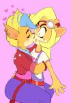  &lt;3 activision anthro beauty_mark blush coco_bandicoot crash_bandicoot_(series) embrace eyewear female female/female fur goggles harrace-harrison hug kiss_mark kissing lipstick makeup pirate_tawna surprise thick_thighs video_games 