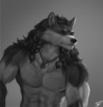  2022 abs anthro black_body black_fur black_hair black_nose braided_hair canid canine canis digital_media_(artwork) fur gigachad grey_background grey_body grey_fur greyscale hair hi_res jewelry male mammal monochrome necklace nude personalami simple_background solo wolf 