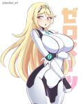  1girl absurdres bangs blonde_hair bodysuit breasts chest_jewel highres impossible_bodysuit impossible_clothes jarckius large_breasts long_hair metroid mythra_(xenoblade) skin_tight solo swept_bangs very_long_hair xenoblade_chronicles_(series) xenoblade_chronicles_2 yellow_eyes zero_suit 
