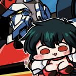  1girl armor black_hair breasts chibi cleavage d-1_devastator eyebrows_visible_through_hair hoshino_nami_(d-1_devastator) jazz_jack large_breasts looking_down lowres mecha open_mouth red_eyes short_hair shoulder_armor vector_versus yellow_eyes 