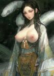  1girl animal black_hair breasts breasts_out frown giant_snake highres large_breasts lips long_hair nat_the_lich nipples original oversized_animal pandora_(nat_the_lich) snake 