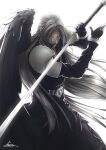  1boy aqua_eyes armor bangs belt black_gloves black_jacket black_wing fighting_stance final_fantasy final_fantasy_vii final_fantasy_vii_remake gloves grey_background highres holding holding_sword holding_weapon jacket long_hair long_jacket masamune_(ff7) moriiiiiiiiiinn parted_bangs sephiroth shoulder_armor single_wing smile solo straight_hair sword upper_body very_long_hair weapon white_background wings 