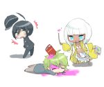  1girl 2boys :d amami_rantarou bangs bikini blonde_hair blood blood_on_clothes blood_on_face blood_splatter book collarbone commentary_request danganronpa_(series) danganronpa_v3:_killing_harmony dark-skinned_female dark_skin dated eyebrows_visible_through_hair green_eyes happy_birthday jewelry long_hair long_sleeves looking_at_viewer miaivz multiple_boys necklace own_hands_together paintbrush saihara_shuuichi short_hair smile solo sparkling_eyes swimsuit teeth tongue upper_body upper_teeth yonaga_angie 