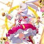  1girl :d animal_ears bangs bare_shoulders crown dress flower fox_ears from_side gloves happy holding holding_wand honkai_(series) honkai_impact_3rd long_hair looking_at_viewer magical_girl non-web_source official_art open_mouth pink_dress pink_footwear pink_hair side_ponytail simple_background sleeveless sleeveless_dress smile solo sunflower theresa_apocalypse theresa_apocalypse_(sakura_rondo) thighs wand white_background white_gloves 