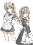  1girl alternate_costume apron bangs blush breasts brown_eyes brown_hair closed_mouth commentary_request cropped_legs dress enmaided eyebrows_visible_through_hair flipper frilled_apron frilled_dress frills girls_und_panzer hair_between_eyes hand_on_hip hand_up highres holding holding_tray long_hair long_sleeves looking_at_viewer maid maid_apron maid_headdress multiple_views one_side_up puffy_short_sleeves puffy_sleeves shimada_arisu short_sleeves simple_background small_breasts tray white_background 