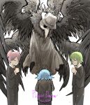  4others black_suit black_wings blue_hair character_name closed_eyes employee_(lobotomy_corporation) fedora flying formal green_hair hat kan_(aaaaari35) kneeling light_smile lobotomy_corporation looking_down multiple_others multiple_wings necktie non-web_source pink_hair plague_doctor_(project_moon) plague_doctor_mask praying project_moon shirt standing suit white_background white_headwear white_shirt wings 