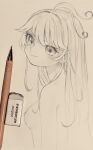  1girl antenna_hair breasts eraser from_side graphite_(medium) highres kaede_(shijie_heping) long_hair looking_at_viewer mechanical_pencil monochrome nude original pencil photo_(medium) sketch small_breasts smile solo sparkling_eyes traditional_media upper_body 