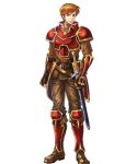  1boy arm_guards armor bangs boots brown_eyes brown_footwear brown_hair brown_pants clenched_hands fingerless_gloves fire_emblem fire_emblem:_the_blazing_blade fire_emblem_heroes full_body gloves gold_trim highres kent_(fire_emblem) knee_boots long_sleeves looking_at_viewer male_focus non-web_source official_art pants red_armor shiny shiny_hair short_hair shoulder_armor standing sword takaya_tomohide transparent_background turtleneck weapon 