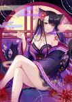  1girl animal_ears bangs black_hair blunt_bangs breasts cat cat_ears cleavage commentary_request crossed_legs flower hair_flower hair_ornament holding holding_smoking_pipe japanese_clothes kimono kiseru legs long_sleeves looking_at_viewer medium_breasts obi off_shoulder original parted_lips purple_kimono purple_sash round_window sash shoulder_tattoo smoking_pipe solo spider_lily suzumia_(daydream) tattoo wide_sleeves window yellow_eyes 