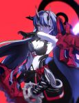  1girl armor bangs bare_shoulders breasts cleavage gauntlets highres holding holding_sword holding_weapon honkai_(series) honkai_impact_3rd horns japanese_armor katana long_hair looking_at_viewer natumusumeab purple_eyes purple_hair raiden_mei raiden_mei_(herrscher_of_thunder) red_background sheath sheathed solo sword weapon 