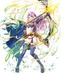  1girl aqua_eyes armor arrow_(projectile) bangs belt blue_cape blue_footwear blue_gloves boots bow_(weapon) breastplate cape chachie dress elbow_gloves feathers fingerless_gloves fire_emblem fire_emblem:_the_blazing_blade fire_emblem_heroes florina_(fire_emblem) full_body gloves hair_ornament headband highres holding holding_bow_(weapon) holding_weapon leaf long_hair looking_at_viewer looking_away non-web_source official_art open_mouth purple_hair quiver shiny shiny_hair short_dress short_sleeves shoulder_armor skirt smile solo standing thigh_boots transparent_background weapon white_dress wind zettai_ryouiki 