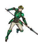  1boy armor artist_request bangs boots elbow_pads fingerless_gloves fire_emblem fire_emblem:_the_blazing_blade fire_emblem_heroes full_body gauntlets gloves gold_trim green_armor green_eyes green_hair headband highres holding holding_polearm holding_weapon knee_boots leg_up long_sleeves looking_away male_focus non-web_source official_art open_mouth pants polearm sain_(fire_emblem) short_hair shoulder_armor smile spear teeth transparent_background turtleneck weapon 