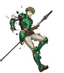  1boy armor artist_request bangs boots broken_armor elbow_pads fingerless_gloves fire_emblem fire_emblem:_the_blazing_blade fire_emblem_heroes full_body gauntlets gloves gold_trim green_armor green_eyes green_hair headband highres holding holding_polearm holding_weapon knee_boots long_sleeves looking_away non-web_source official_art pants parted_lips polearm sain_(fire_emblem) short_hair shoulder_armor smile spear teeth torn_clothes torn_pants transparent_background turtleneck weapon 