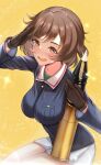  1girl akiyama_yukari bangs birthday black_gloves blush brown_eyes brown_hair eyebrows_visible_through_hair girls_und_panzer gloves happy_birthday highres long_hair long_sleeves looking_at_viewer mamaa_(maeni6379) messy_hair military ooarai_school_uniform open_mouth pleated_skirt school_uniform serafuku shirt short_hair skirt smile solo 