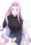  1girl black_sweater blue_pants book breasts chilli_646 denim eyewear_removed fate/grand_order fate_(series) glasses holding holding_book holding_eyewear jeans large_breasts long_hair long_sleeves medusa_(fate) medusa_(rider)_(fate) open_book pants purple_eyes purple_hair sitting solo sweater very_long_hair 