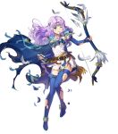  1girl aqua_eyes armor arrow_(projectile) bangs belt blue_cape blue_footwear blue_gloves boots bow_(weapon) breastplate broken_armor cape chachie dress elbow_gloves feathers fingerless_gloves fire_emblem fire_emblem:_the_blazing_blade fire_emblem_heroes florina_(fire_emblem) full_body gloves hair_ornament headband highres holding holding_bow_(weapon) holding_weapon long_hair looking_at_viewer looking_away non-web_source official_art one_eye_closed open_mouth purple_hair quiver shiny shiny_hair short_dress shoulder_armor skirt smile solo standing thigh_boots torn_cape torn_clothes torn_footwear transparent_background weapon white_dress zettai_ryouiki 
